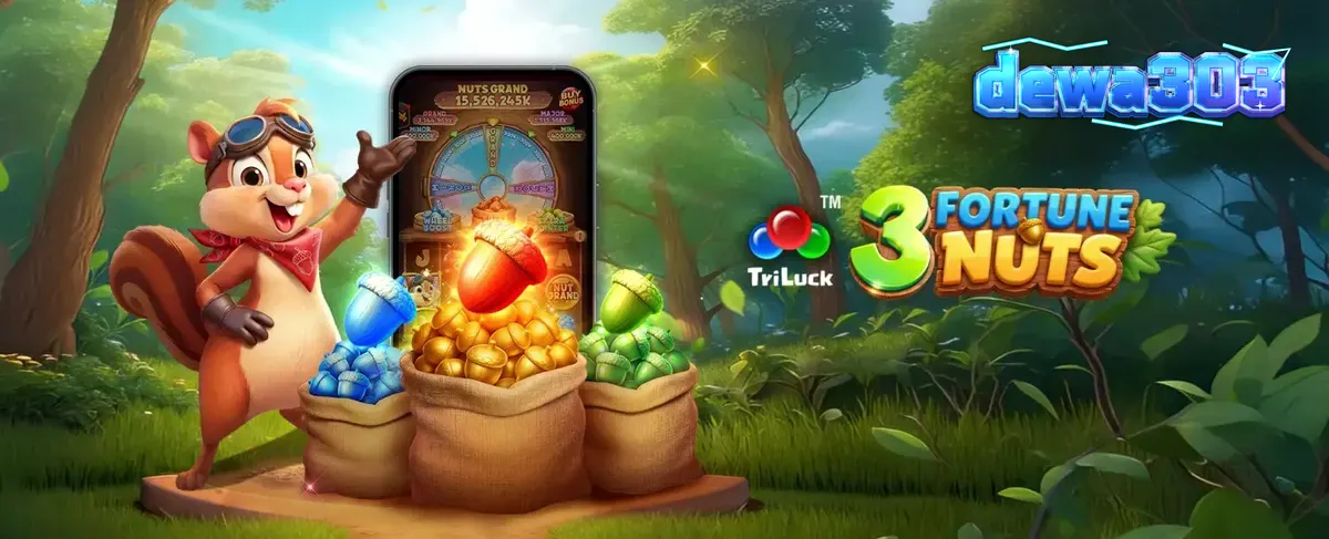 Tampilan visual slot 3 Fortune Nuts dengan tema hutan dan karakter tupai yang ceria.